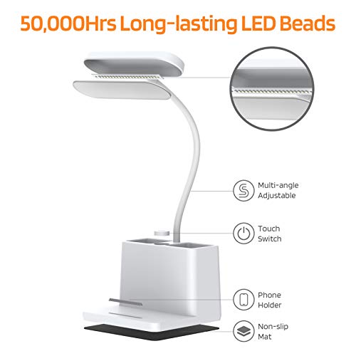 AXX Small Desk Lamps for Home Office, White Desk Light for Kids, LED Desktop/Computer Study Lamps for Bedrooms, Rechargeable, Battery Operated, Pen Holder, Adjustable Gooseneck Table Lamp - Image 5