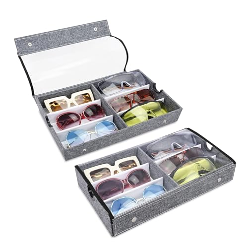 Image of Ikee Design 2 Pcs Set Large 6 Slot Eyewear Storage Organizer Box Display Case Holder, Durable Eye Glasses Storage for Eyeglasses, Watches and Jewelry 13 3 /8 W x 7 3 /4 D x 2 1 /4 H in, Gray Linen