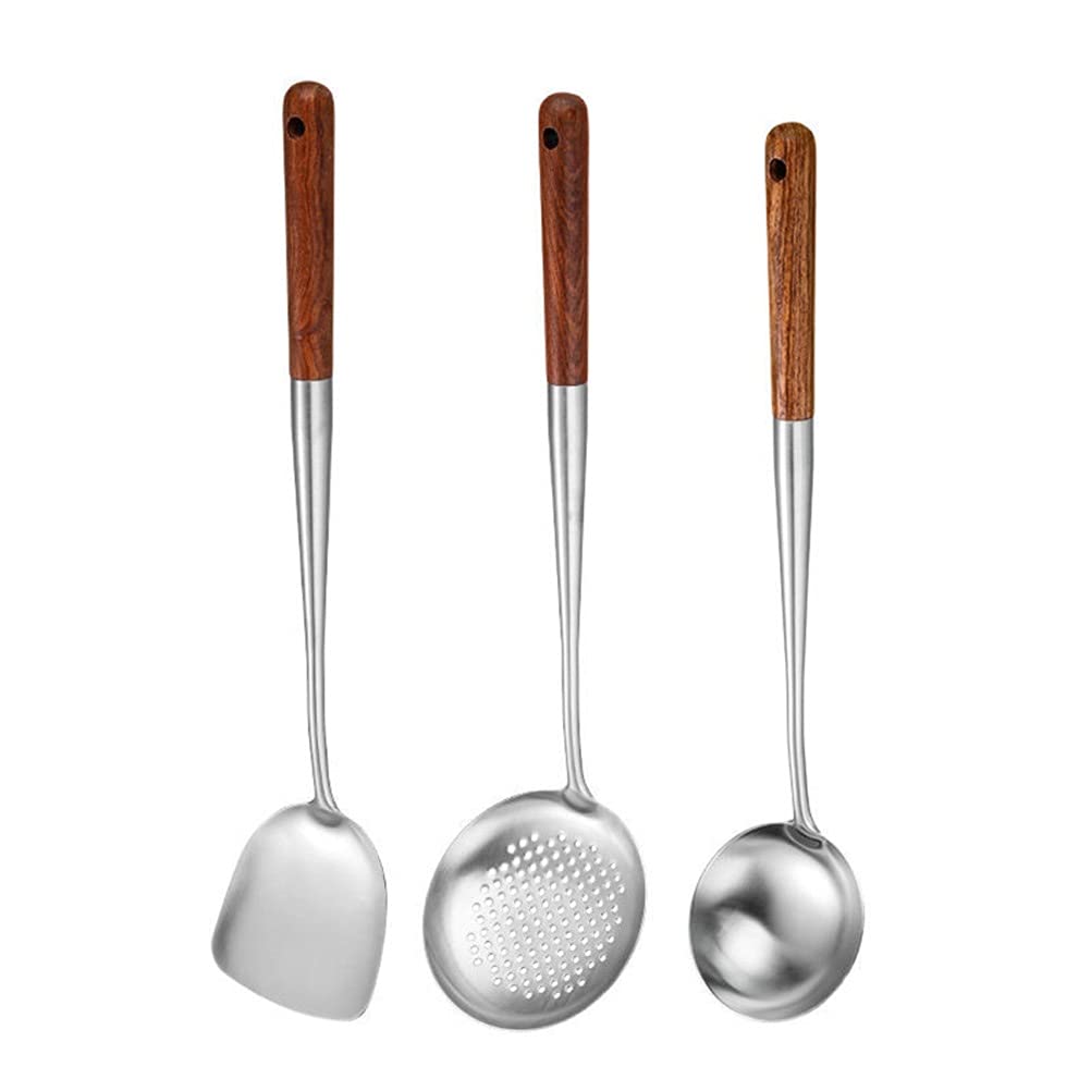 3-teiliges Wok-Pfannenwender-Löffel-Schöpfkellen-Set Langlebiges Edelstahl-Kochutensilien-Pfannenwender-Set