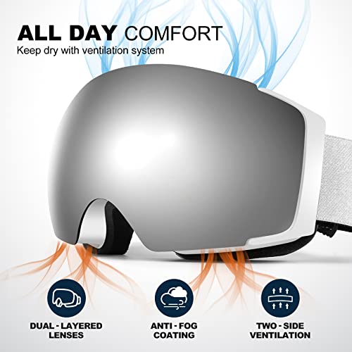Odoland Magnetic Interchangeable Ski Goggles With 2 Lens, Large Spherical Frameless Snow Snowboard Goggles For Men Women, White Frame Sliver Lens Vlt 10% #TOP4