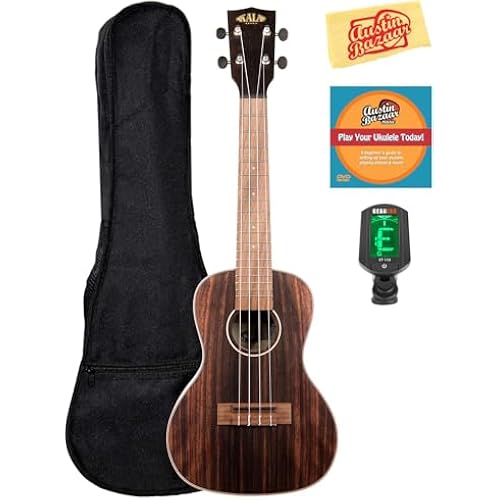 Kala KA-EBY-C Striped Ebony Concert Ukulele Bundle with Gig Bag, Tuner, Austin Bazaar Instructional DVD, and Polishing Cloth