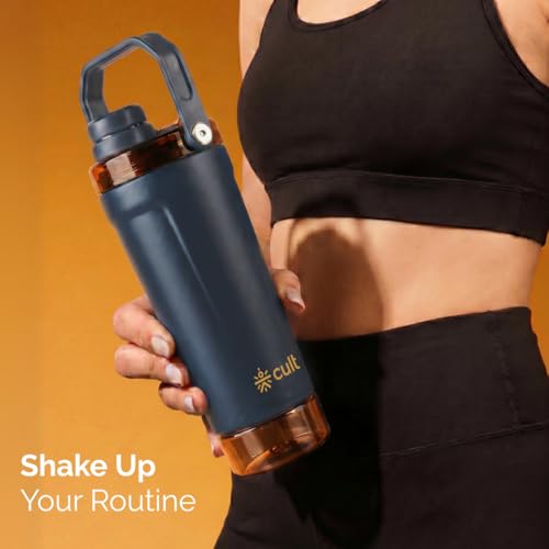 Image of CULT Steel Shaker Bottle 600ml Protein Mixer Bottle with Secure Lock Lid, Storage Compartment & Non-Slip Grip for Gym & Travel, BPA-Free