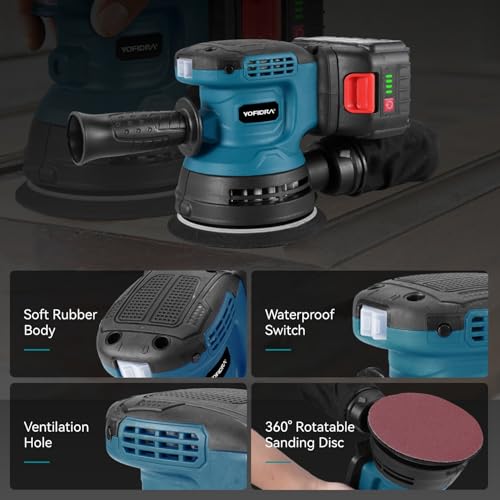 Yofidra Random Orbital Sander, 125mm Cordless Random Orbit 3 Variable Speeds, 12000 OPM, 2PCS 3.0Ah Battery and Charger, with Dust Collection for Wood and Steel 7 Yofidra Random Orbital Sander, 125mm Cordless Random Orbit 3 Variable Speeds, 12000 OPM, 2PCS 3.0Ah Battery and Charger, with Dust Collection for Wood and Steel - Image 7