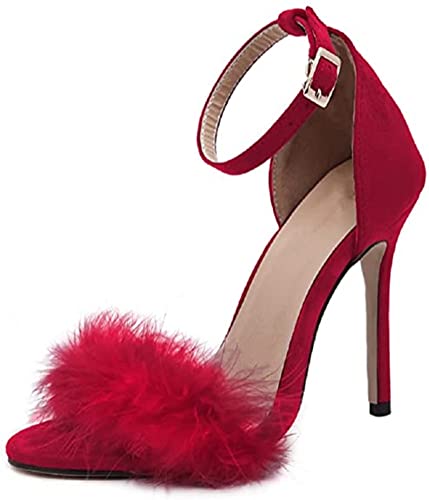 Image of MMJULY Women's Open Toe Ankle Strap Fluffy Feather Stiletto High Heel Dress Sandal