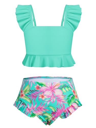 XiaoMoSha Swimming Costume Girls Bikini Set Two Piece Swimsuit with Adjustable Straps Bathing Suit Swimwear for Girls, 9-10 Years, Green Flower