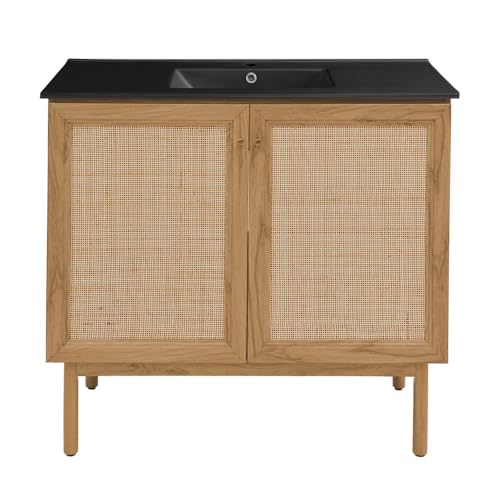 Image of Swiss Madison Classe 36 in. Oak Bathroom Vanity with Black Ceramic Sink Top