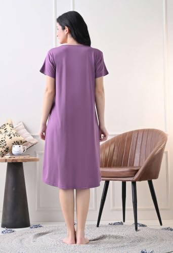 Image of Women's Night Dress Short Sleeve Round Neck Sleepwear with Stylish Contrast Panel, Comfortable Nightwear for Women
