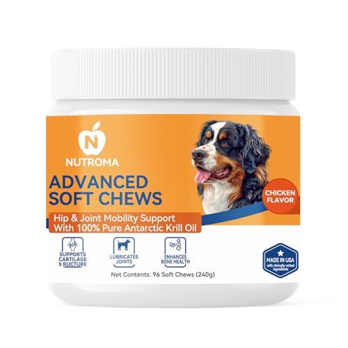 Nutroma Advanced Soft Chews for Dogs – Hip & Joint Mobility Support with Antarctic Krill Oil, Eggshell Membrane & Hyaluronic Acid – 96 Chews (Chicken)