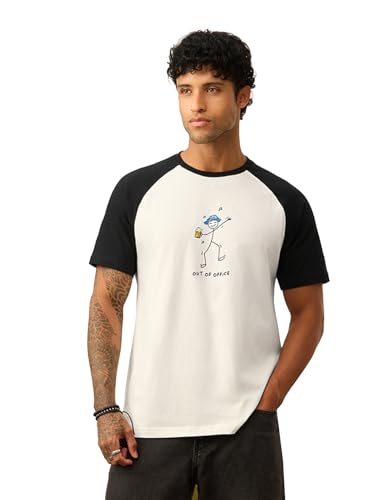 Image of The Souled Store Casual Classics: Out of Office Men and Boys Short Sleeve Round Neck White Graphic Printed Cotton Breathable Relaxed Fit Lightweight Casual T-Shirts
