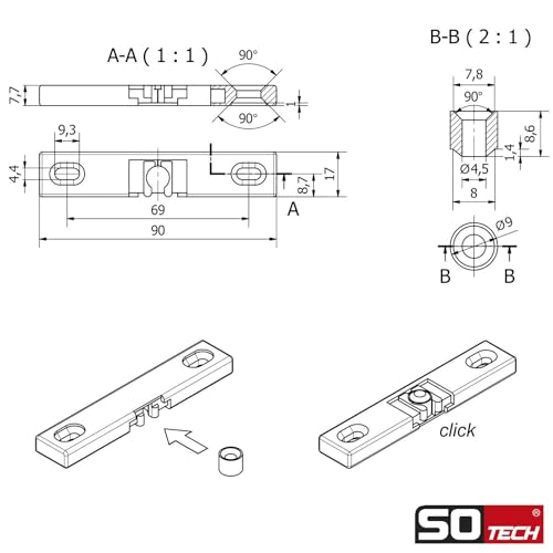 SOTECH Fensterschnäpper Balkontürschnäpper 90 x 17 mm Universalschnäpper Balkontür Schnäpper