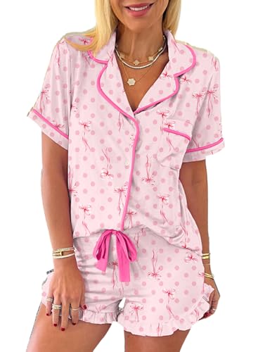 Image of KevaMolly Women Novelty Knotted Candy Cane Christmas Pajama Set | Christmas Floral Bow Print PJ Set, Button Lapel Knotted Drawstring Shorts with Convenient Side Pockets