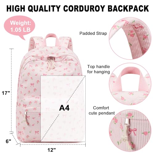 BTOOP School Backpack for Girls Teens Large Corduroy Bookbag Lightweight Casual High School College Backpacks 17 inch Laptop Travel Bag (Pink Bow Floral-1) - Image 4