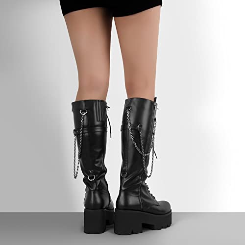 onlymaker Knee High Embellished Chains Boots Chunky Heels Zip up Round Toe Platform Gothic Booty4