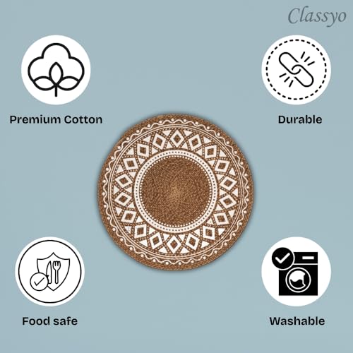 Image of Classyo Cotton Dining Table Placemats, 15 inch (Brown Design, Pack of 2) | Dining Table Mat | Washable Round Table Mats | Coasters for Dining Table for Hot Pots, Plates and Pans | Round Placemats