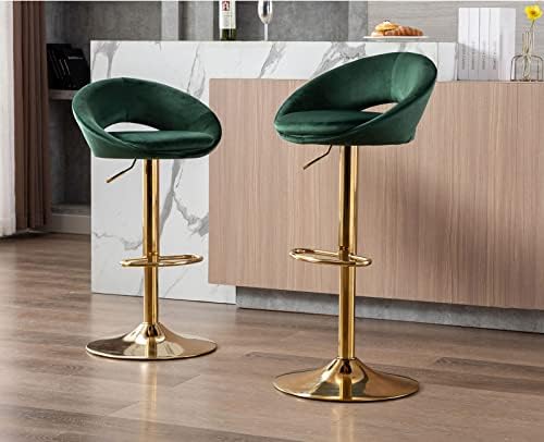 Shunzhi Velvet Adjustable Bar Stools Set of 2 Modern Swivel Counter Height Bar Stools with Gold Metal Base Upholstered Padded Island Chairs with Open Back for Kitchen Island/Pub/Coffee/Shop, Green