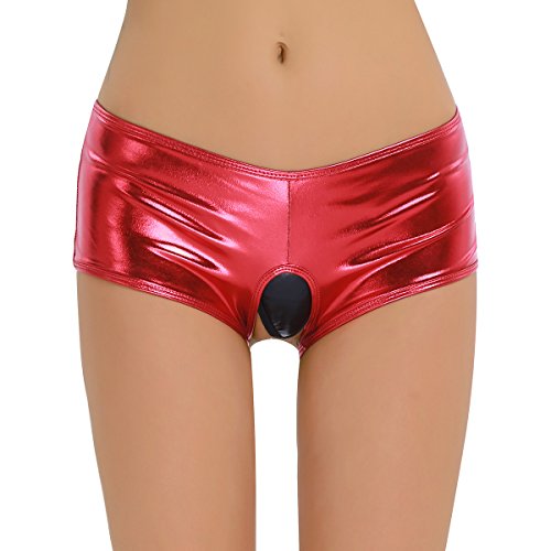 CHICTRY Women's Wet Look Faux Leather Underwear Open Crotch Mini Booty Panties Red Medium(Waist:27.5-39.0
