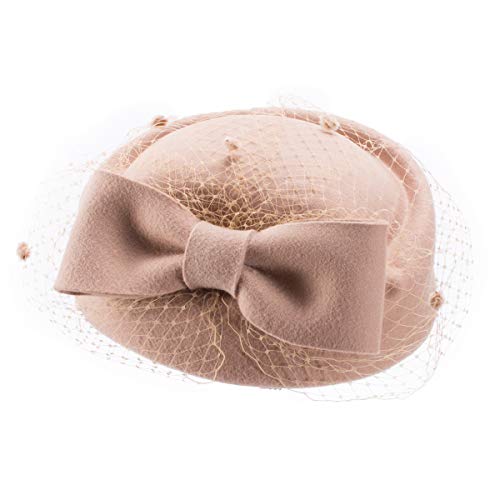 Lawliet Womens Dress Fascinator Wool Felt Pillbox Hat Party Wedding Bow Veil A080 (Camel) - Thumbnail 3