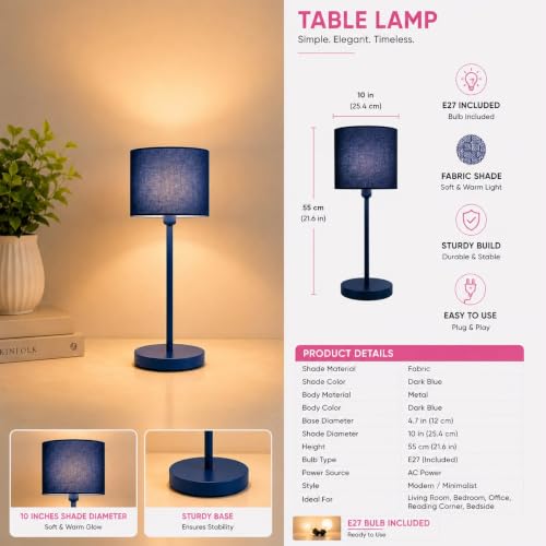 Image of Table Lamp with Fabric Shade, 2 Feet Height , Blue, 55 cm, Metal Base