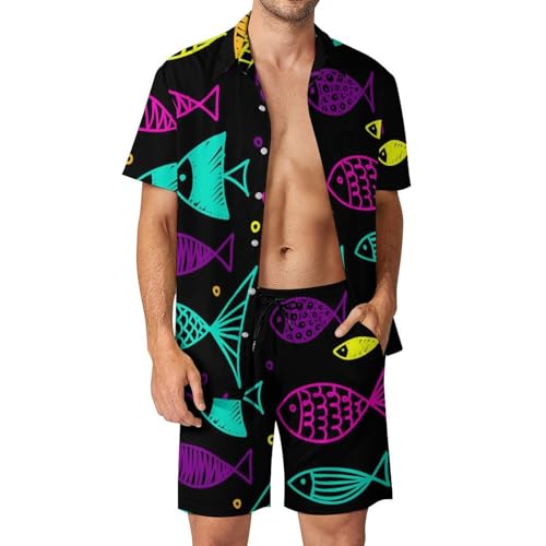 Chemise Hawaïenne Hommes Ensemble Short Pantalon Plage Été 2 Pièces S Poisson en Couleur