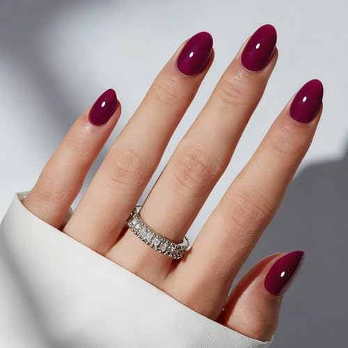 modelones Short Press on Nails, Oval Fake Nails Kit Press Ons with Nail Glue, Adhesive Tabs, Nail File, Prep Pad, Manicure Stick, 32Pcs 16 Sizes, Burgundy, Valentines