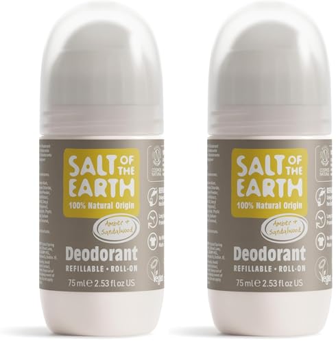Desodorante natural en roll-on Salt Of the Earth - Ámbar y sándalo - Recargable, vegano, certificado por Leaping Bunny, fabricado en el Reino Unido - 75ml (Paquete de 2)