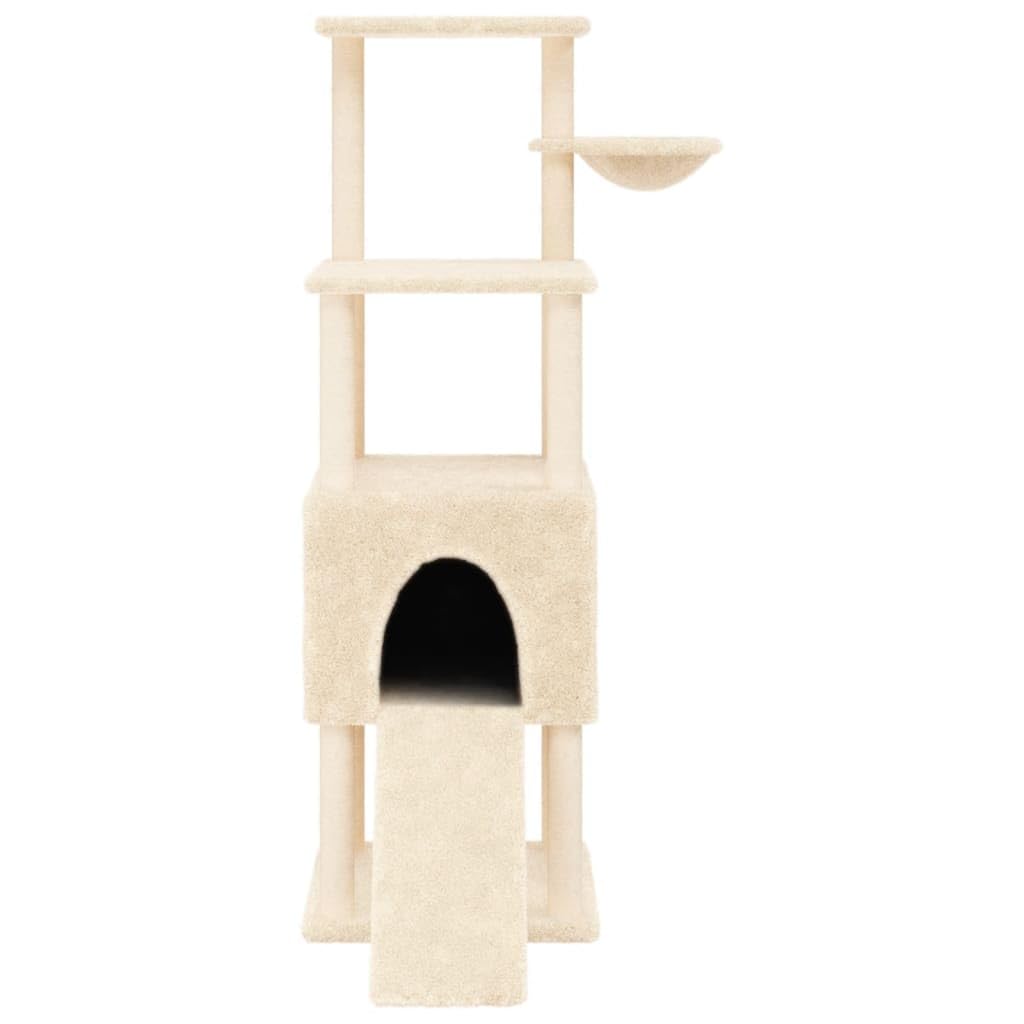 Kratzbaum Katze mit Sisal Säulen Creme 153 cm Kletterbaum Höhle Hängematte Liegemulde Plüsch Stamm Kratzbrett robust stabil platzsparend für Wohnung Balkon