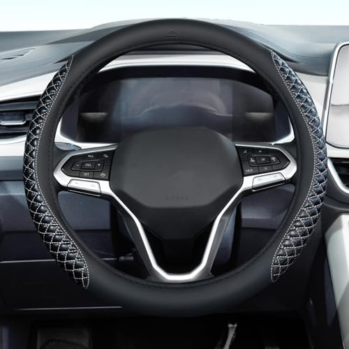 Image of Coverado Car Steering Wheel Cover, Nappa Leather Black & Grayline Steering Wheel Covers, Universal 14-15 inch, Anti-Slip, Breathable Steering Wheel Protector for Women Men