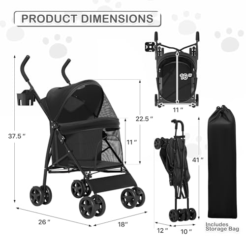 Image of MoNiBloom 4 Wheels Pet Stroller, Easy-Fold Puppy Cage Jogger Stroller with Sun Cover, Pad and Rear Storage Bag, Breathable and Visible Mesh for Small /Medium Pets up to 22 lbs, Black