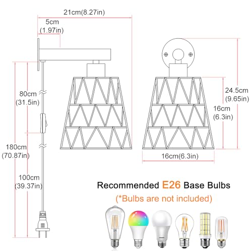 Image of Boho Plug in Wall Sconce Set of 2 - Black Farmhouse Wall Lights with Rattan Shade | Bedroom & Living Room Plug in Wall Lamps for Sofa (5.9FT On /Off Switch Cord)