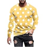 Mens Crew Neck Long Sleeve Tee Shirts Polka Dots T-Shirt Fashion Solid Color Basic Pullover Fall Casual Vintage Tops Yellow