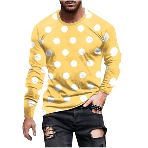 Mens Crew Neck Long Sleeve Tee Shirts Polka Dots T-Shirt Fashion Solid Color Basic Pullover Fall Casual Vintage Tops Yellow