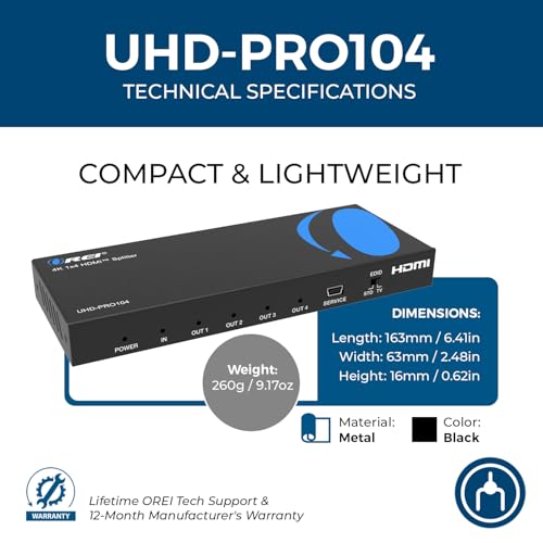 image for OREI 4K HDMI Splitter 1 in 4 out Duplicate / Mirror 4K Screens w/ Down