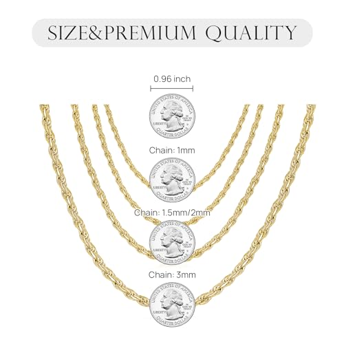Dacc & Aya Authentic 925 Sterling Silver Diamond Cut Rope Chain 1/1.5/2/3 mm Braided Rope Twist Link Chain Necklace with Lobster Clasp Silver/14K Yellow Gold Plated 16-26 Inches2