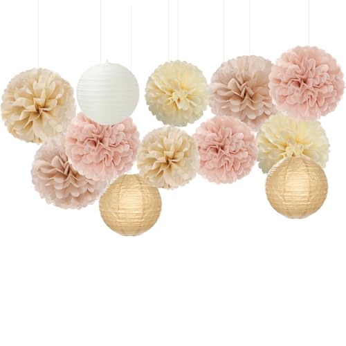 Image of Champagne-Gold White Party-Decorations Paper-Flowers Lanterns - 15PCS Boho Fall Rustic Tissue Pom Poms Streamers,Wedding Baby Bridal Shower Neutral Autumn Birthday Hanging Supplies Decor Hugfond