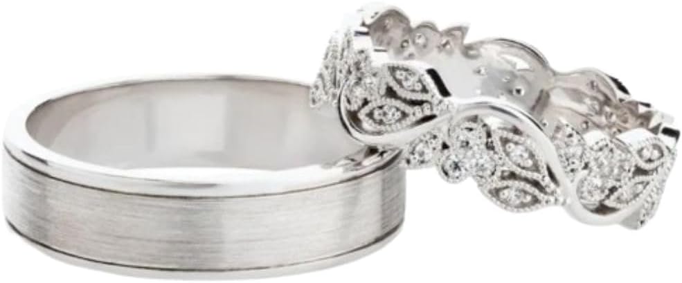 2 Ct Round Diamond Delicate His Her Stacking Matching Couple Band Set Anniversary Ring 14K White Gold Plated 925 Sterling Silver Handmade Wedding Bridal Engagement Ring Set Gift For Her