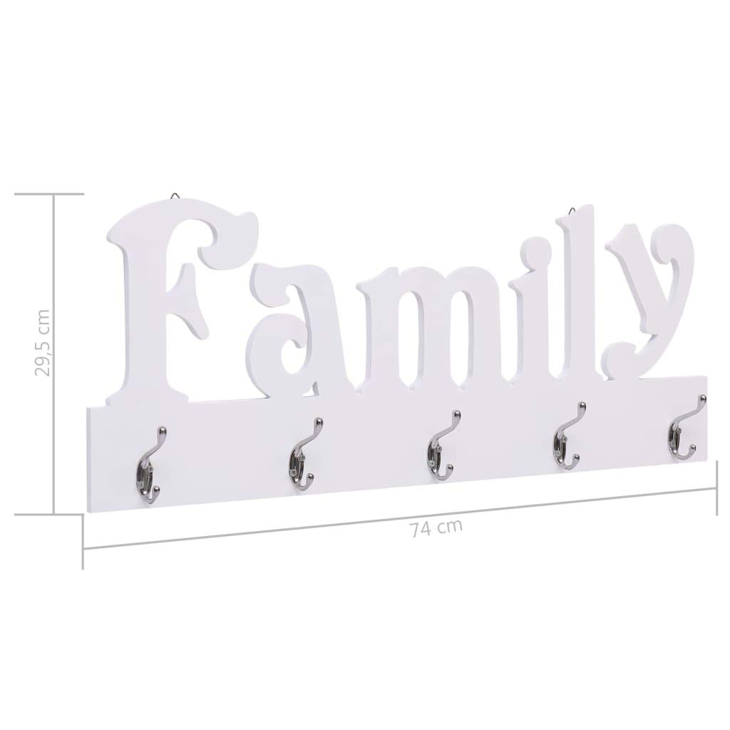 Mangloder Porte-Manteau Mural Family 74x29,5 cm Blanc en MDF avec Lettrage décoratif 5 patères en cuivre Support de Rangement Pratique pour entrée Salon Chambre Bureau