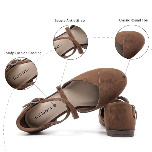 Saidoteto Women's Ankle Strap Flats - Comfortable Round Toe Dress Shoes with Adjustable Buckle, Criss-Cross Design for Work, Wedding, Office & Casual. Brown Size 11 WFT240810-033
