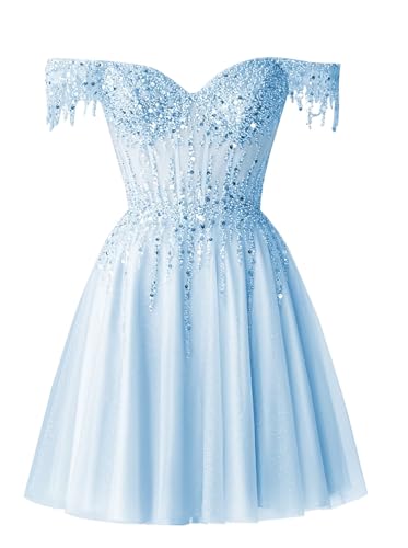 FreeBeauty Tulle Homecoming Dresses Off The Shoulder Short Prom Dress Sparkly Beaded Formal Party Gowns