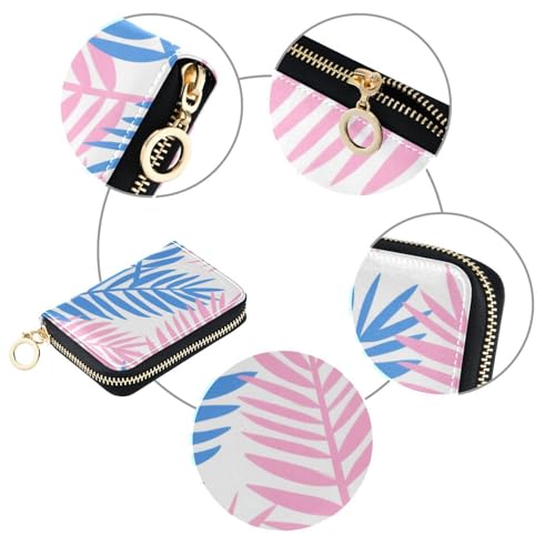 Pink and Blue Palm Leaves leather credit card holder wallet With 9 cards slot RFID Blocking men card holder with zipper3