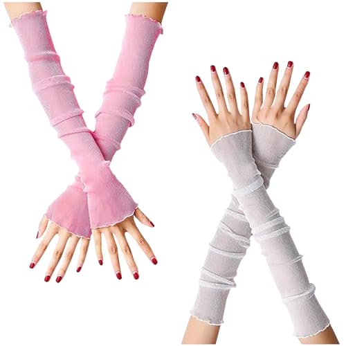 JK Home Manchettes sans Doigts 2 Paires Gants Elastique Respirant Couleur Uni Brillant Mariage Protection de Soleil Métallique Blanc/Rose