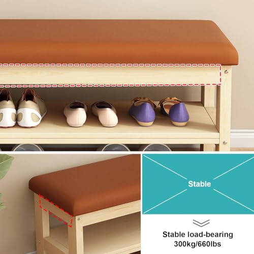 Banc à chaussures en bois massif premium avec assise cuir PU marron