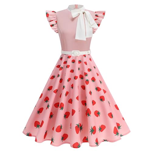 Fliege Hals 1950er Polka Dot Kleider für Frauen Vintage Floral 50er Audrey Hepburn Rockabilly Cocktail Swing Kleid mit Gürtel, Rosa Erdbeere,...
