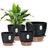 12' 10' 9' 8' Self Watering Pots with Water Level Indicator, Large Plastic Planters Set with Mesh Drainage Hole and Removable Saucer Reservoir, Big Flower Pot for Indoor Outdoor Plants (Black)