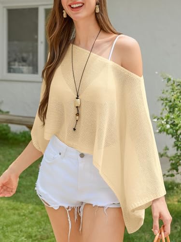 Image of Saodimallsu Womens Crochet Cover Ups Batwing Sleeve Sweater Crop Tops Lightweight Summer Boho Knit Sheer Poncho Top