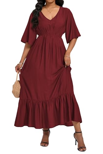 Image of Women's Summer Short Sleeve Maxi Floral Flowy Dresses with Pockets