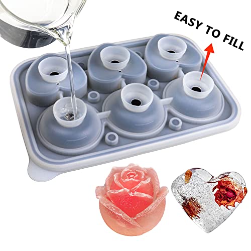 Rose Ice Cube Mold, Heart Shape Ice Cube Tray, Silicone Fun Ice Mold With Clear Funnel-Type Lid, 3 Heart & 3 Rose Shape Ice Balls For Chilling Whiskey Cocktails Drinks, Pink #TOP3