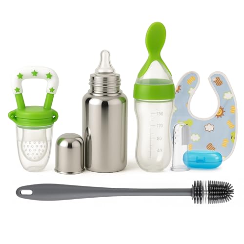 Image of Shark Doo Doo Stainless Steel Bottle for Babies (0-12 Months) - 250ml with Silicone Cleaning Brush (Combo Pack) | BPA Free (SS 6in1 Combo Green)