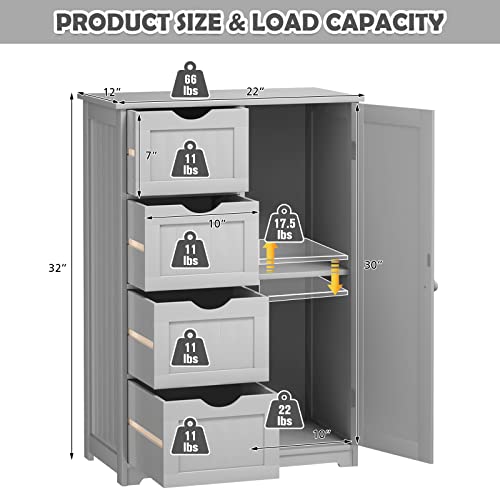 Tangkula Bathroom Floor Cabinet, Free Standing Storage Cabinet With 4 Drawers & Single Door, Adjustable Shelf, Multipurpose Storage Organizer For Home Office, 22 X 12 X 32 Inches (Grey) #TOP2