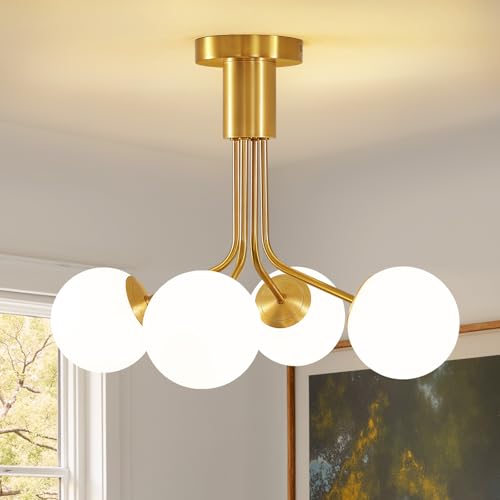 Linour 4 Lights Modern Chandelier Gold Semi Flush Mount Ceiling Light Fixture Sputnik Chandelier with Milky Frosted Glass Globe for Dinning Room Living Room Bedroom Hallway Entryway Kitchen