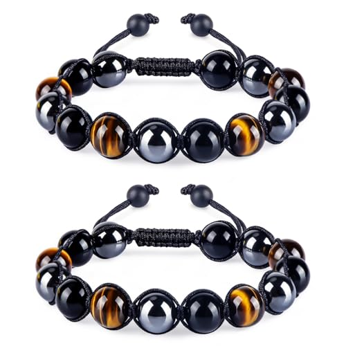 2PCS Triple Protection Bracelet, Tiger Eye Bracelet for Men and Women Black Hematite and Obsidian 10mm Crystal Beads Bracelet Handmade Gifts for Luck Prosperity